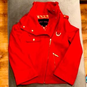 💕♥️ BETSEY JOHNSON ♥️💕Red High Collar Side Zip Logo Hardware Short Wool Jacket